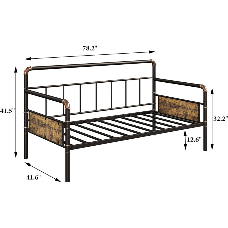 Metal Daybed Heavy Duty Black Pipe Frame with Convertible Trundle Twin Size Daybed for Small Spaces (Brown), Brown