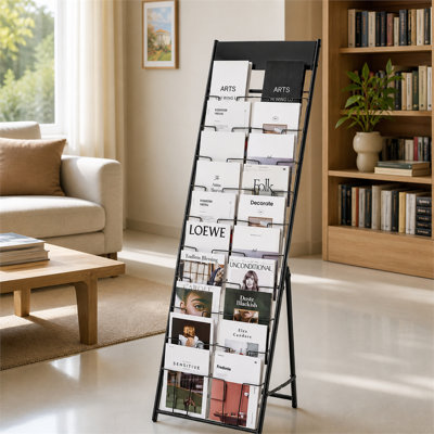 Présentoir à brochures sur pied en métal noir de 155 cm de long, à 20 compartiments, porte-catalogues portatif pour magasins, bureaux, expositions et salons professionnels.