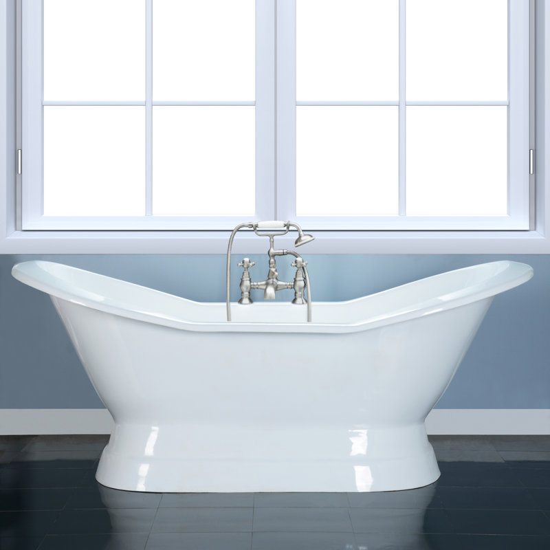 White Cast Iron Double Slipper Pedestal Tub, 72-Inch