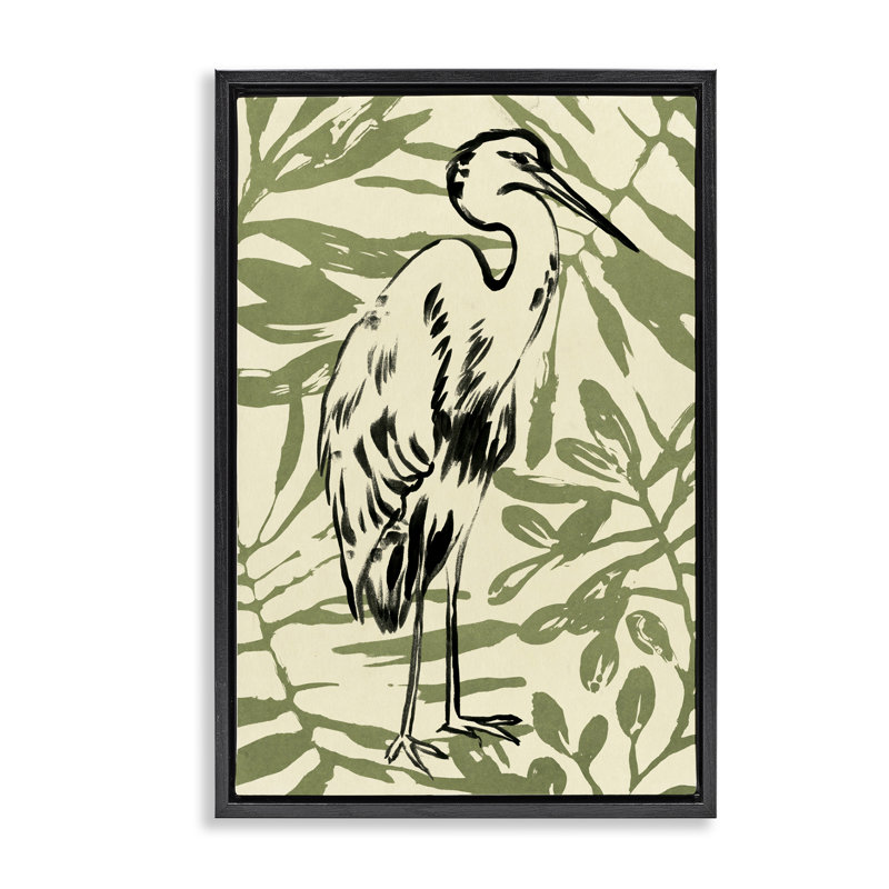Toile «Heron & Leaf» par June Erica Vess, H 31 po x l 21 po, Cadre flottant noir de jais