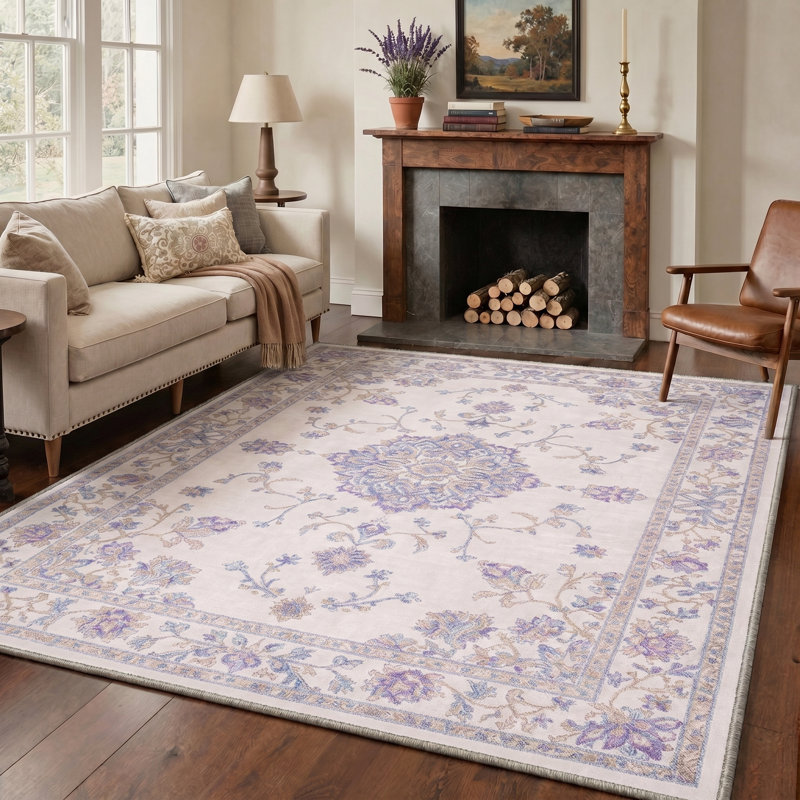 Abadou Floret Vintage Floral Medallion Machine Washable Beige / Blue Indoor Area Rug with Non-Slip Backing, Lavender
