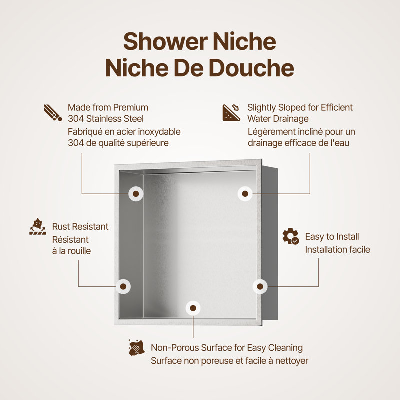 Niche de douche encastrée en acier inoxydable 304 calibre 18 de 18 po Cantrio SN-1212, Brossé