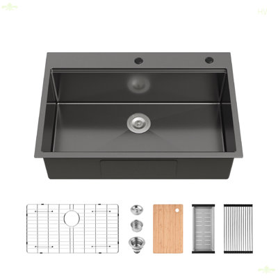 Évier de cuisine en acier inoxydable, 33 po x 22 po Évier simple sur pied, avec une planche à découper, passoire et grille