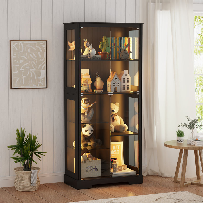 Modern Led Display Cabinet With Glass Doors, Adjustable Lighting & Motion Sensor, Black