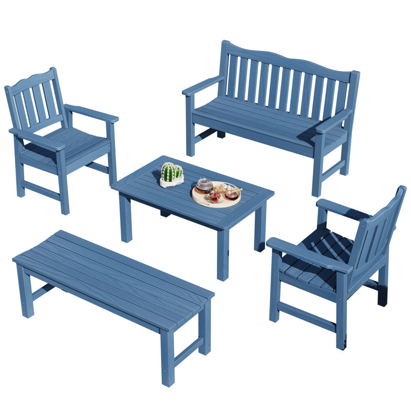 6 - Person Outdoor Bench & Garden Chair Set,hips 5-piece Patio Furniture Group, Blue