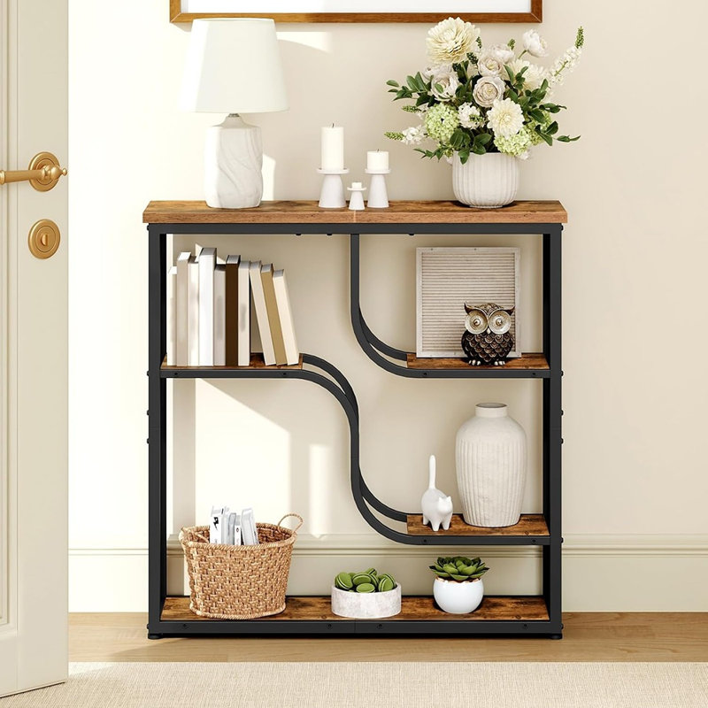 Console rustique à 5 niveaux avec étagères de rangement, table d'entrée étroite avec structure en métal noir, idéale pour le corridor, le salon et le hall d'entrée.