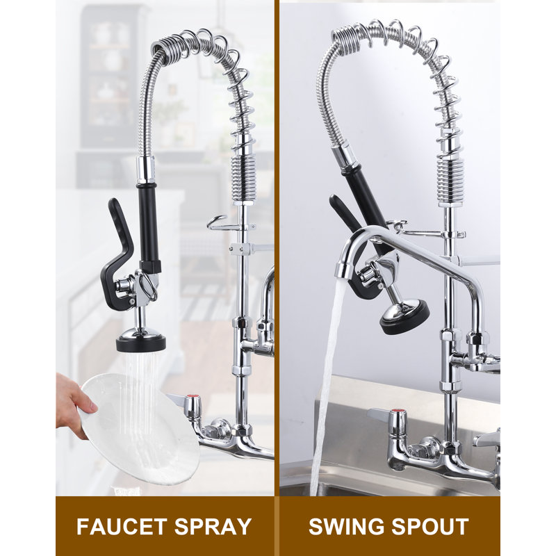 Commercial Triple Handle Wall Mount 25. Pull Down Sprayer Kitchen Faucet