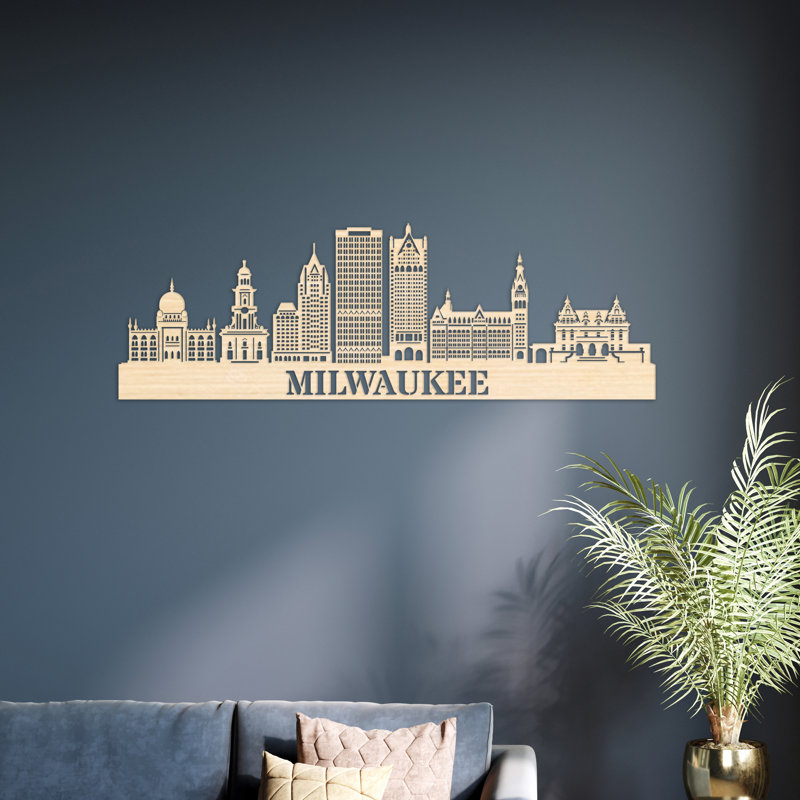 Décoration murale Milwaukee City Skyline, H 14 po x l 46 po x P 0,25 po, Naturel