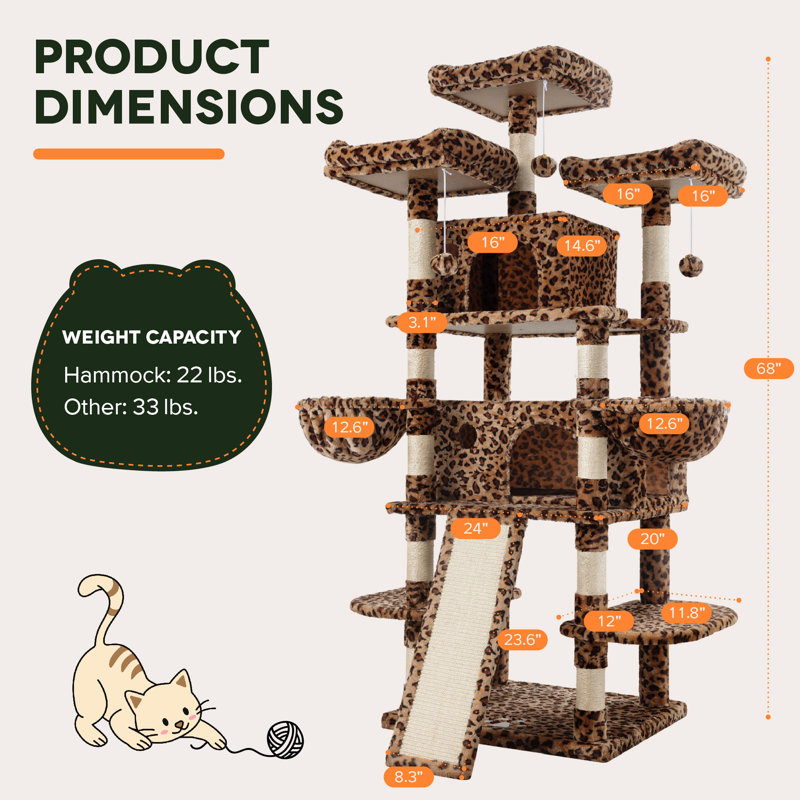Lima Pet Heavy Duty Carpet 68 Inch Multi-Level Cat Tree Condos and Scratching Posts Included, Leopard Print