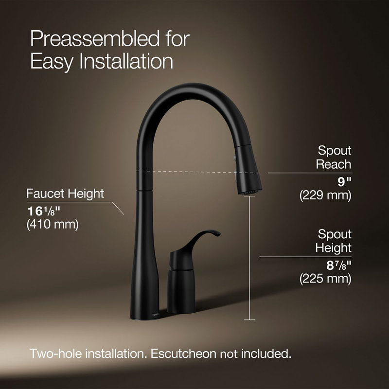 Simplice Pull Down Kitchen Sink Faucet with Three-Function Sprayhead, Two-Hole Installation, Matte Black