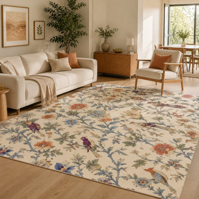 1 tapis à motif floral et d'oiseaux rétro - à poils courts, lavable, facile à entretenir, grand et mince avec envers antidérapant, idéal pour le salon, la chambre à coucher, la cuisine et le bureau