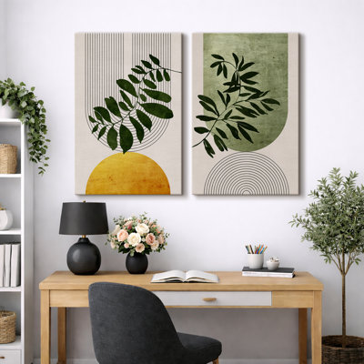 Mid Century Modern Boho "Bold Bright Green Yellow Artwork, Abstract Botanical Wall Pictures, Framed Canvas Print Wall Art Set of 2"