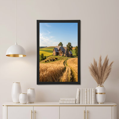 «Stone Farmhouse and Cows in Golden Wheat Field», art mural sur toile