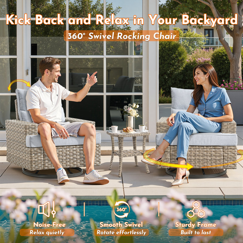 Tommy 10 - Person Outdoor Wicker Patio Conversation Furniture Set With Rocking Swivel Chairs And Fire Pit Table, Gray, Yes
