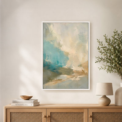 «Teal», beige, gris, doux, paysage abstrait, art mural sur toile avec cadre flottant, prêt à être accroché