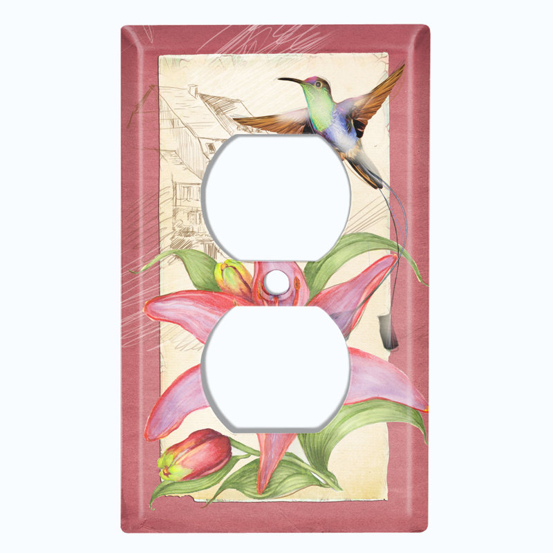 Metal Light Switch Plate Outlet Cover (Red Flowers Humming Bird Barn House Beige  - Single Toggle)