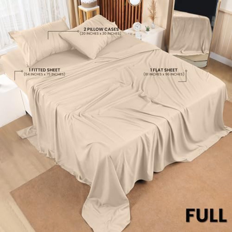 Full Sheet Set – 4 Piece Bed Sheets For Full Size Bed, Soft And Breathable Microfiber, Includes 1 Fitted Sheet, 1 Flat Sheet And 2 Pillowcases (Beige)