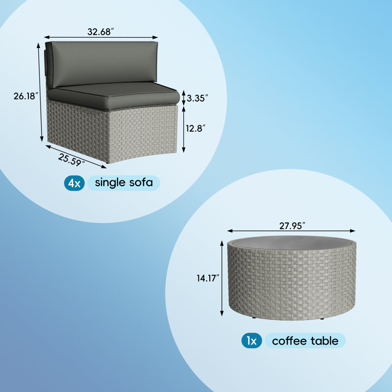 Ensemble de conversation courbé demi-lune pour 4 personnes avec table basse Meredithe, Gris