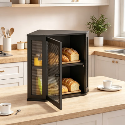 Bamboo Corner Bread Box for Kitchen Countertop, 2 Tier Wooden Bread Storage with Acrylic Wave Glass Door