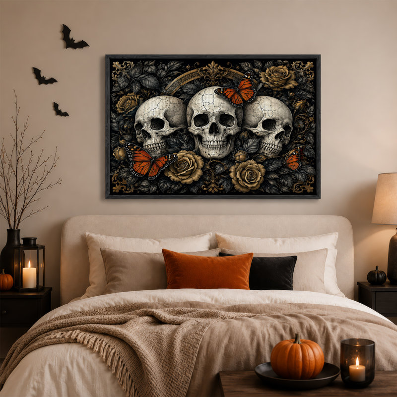 Trois crânes craquelés avec des papillons monarques et une toile d'Halloween, H 24 po x l 36 po