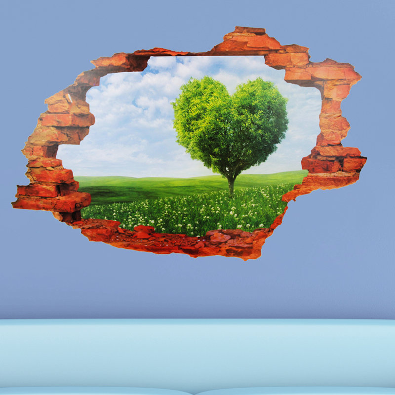 View Through The Wall Heart Tree Meadow Wall Decal
