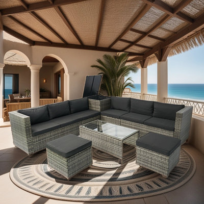 8 Piece Patio Sectional Wicker Rattan Outdoor Furniture Sofa Set With One Storage Box Under Seat And Cushion Box Wicker + Cushion + Clear Glass Top