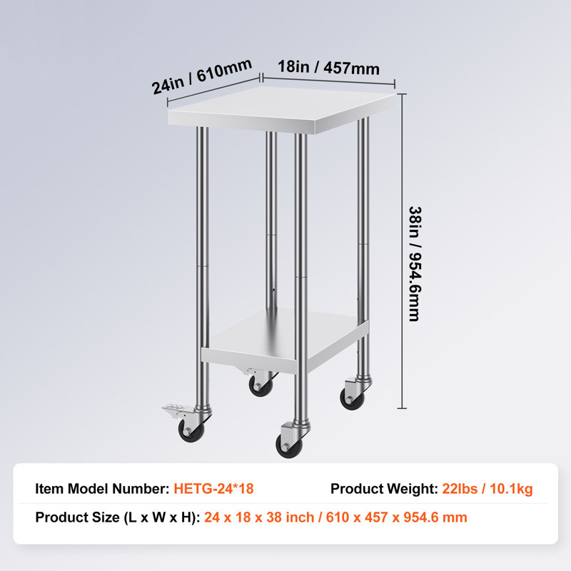 Table de travail en acier inoxydable 61 x 46 x 97 cm, équipée de 4 roulettes, de 3 hauteurs réglables, robuste et idéale pour la préparation des aliments dans les cuisines professionnelles et les restaurants, couleur argent.