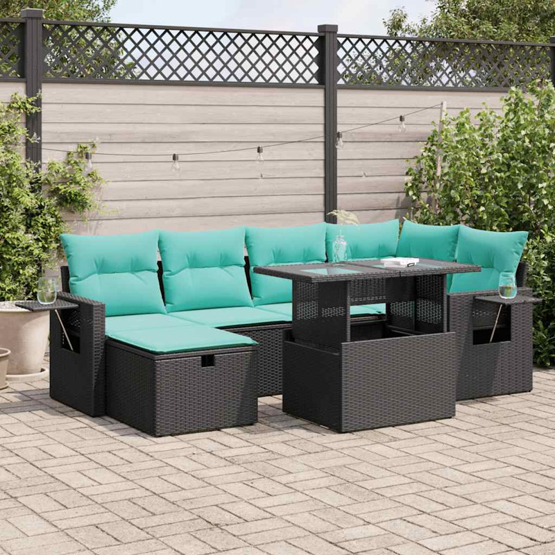  7 Piece Patio Sofa Set With Cushions Poly Rattan Acacia, Gray, Green
