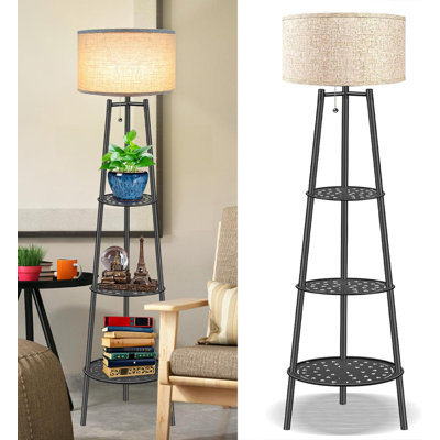 Lampe sur pied moderne avec abat-jour en lin, tablette à 3 niveaux, lampe sur pied de 63,38 po de hauteur pour le salon, la chambre à coucher et le bureau - comprend une ampoule DEL E26, noire