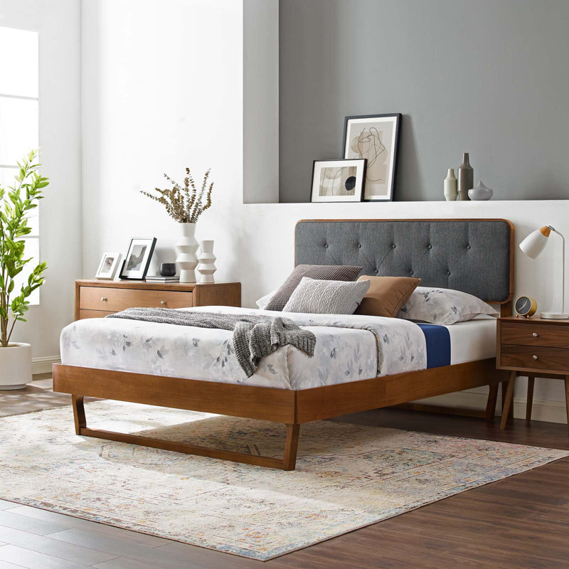 Bridgette Wood Platform Bed with Angular Frame, Walnut/Charcoal, Twin