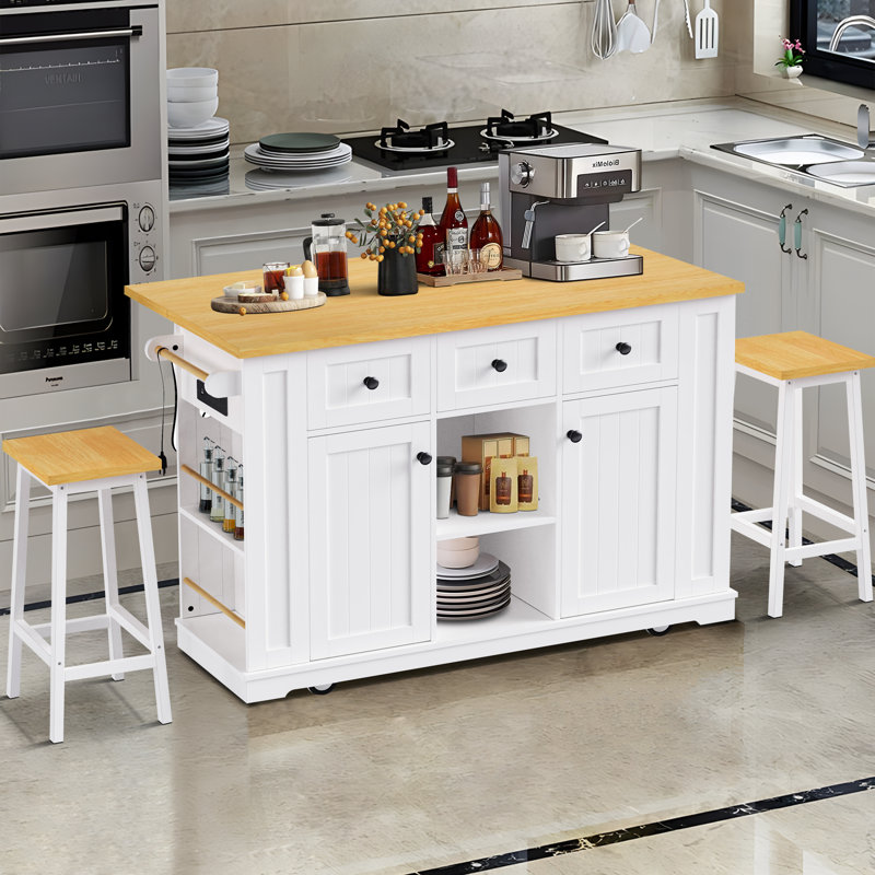 Large Kitchen Island with 2 Bar Stools, Power Outlet, White, 36.4" H x 53.14" W x 29.52" D