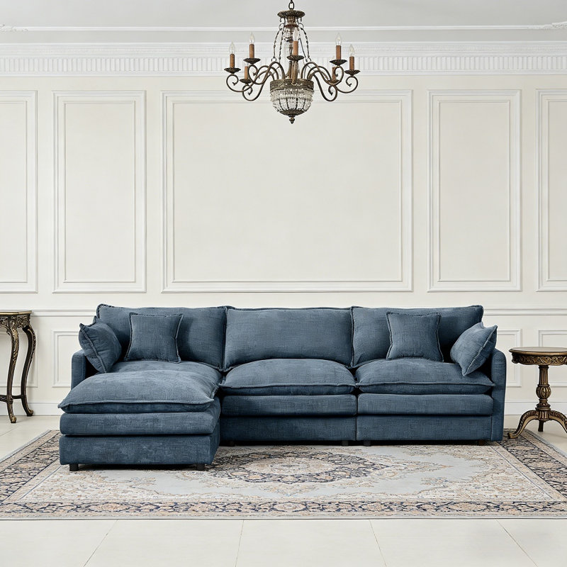 102" Modular L-Shaped Sectional Sofa, 3-Seater Cloud Couch With Ottoman, Blue
