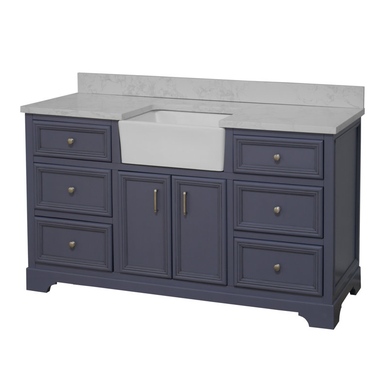 Ensemble de meuble-lavabo simple 60 po Emiliano, Gris poudre, Carrara d'ingénierie
