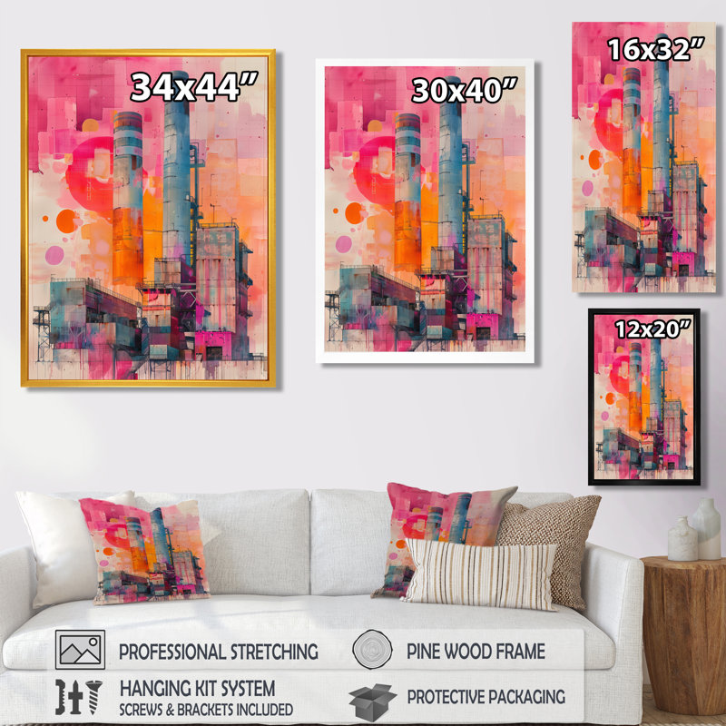 «Pink Orange Electric Dreams Power Plant I - Power Plants», reproduction d'art murale, Toile tendue, H 12 po x l 20 po