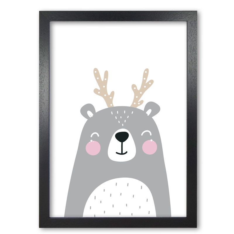 Grey Bear With Antlers - Painting, Black Grain Frame, 85 cm H x 60 cm W x 5 cm D