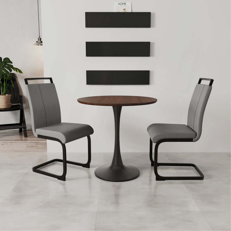 Table de salle à manger 31,5 "circulaire, table de salle à manger Tulip, table de salle à manger pour 2 à 4 personnes, plateau et base en panneau de fibres à densité moyenne et ensemble de 2 chaises en métal