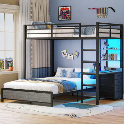 Bunk Bed With Desk, Full Over Full Bunk Beds With Charging Station And Led Lights, 4 Storage Drawers And 2 Open Storage Shelves, Gray
