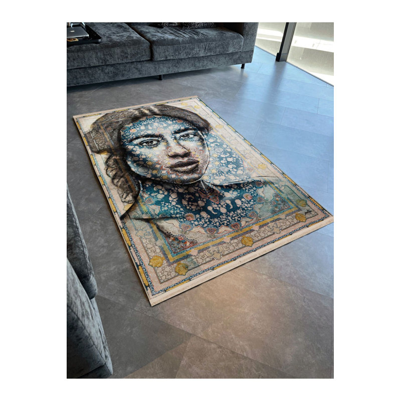 Tapis bleu abstrait lavable à la machine, Sous-tapis rectangulaire 4 pi 7 po x 6 pi 7 po inc