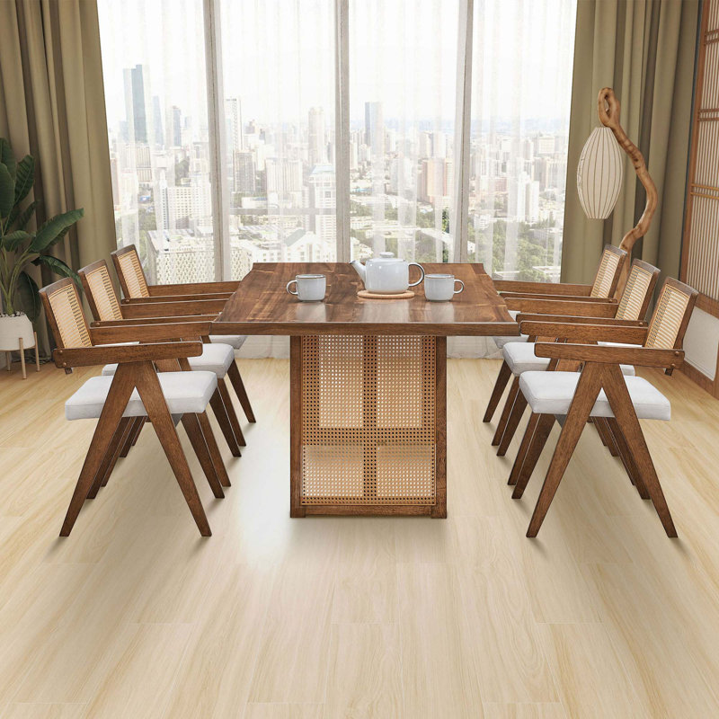 Mid-Century Modern Rectangular Waves Dining Table Set With Rattan Weave Design