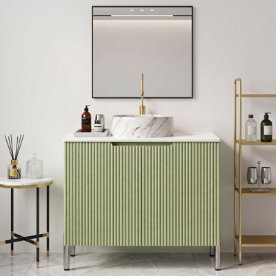 30" Freestanding Bathroom Vanity with Sintered Stone Countertop, Fluted Doors, Soft-Close Hardware & Multiple Vessel Sink Options