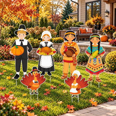 Ensemble de 6 piquets de pèlerin et de dinde, décorations d'automne pour l'Action de grâce