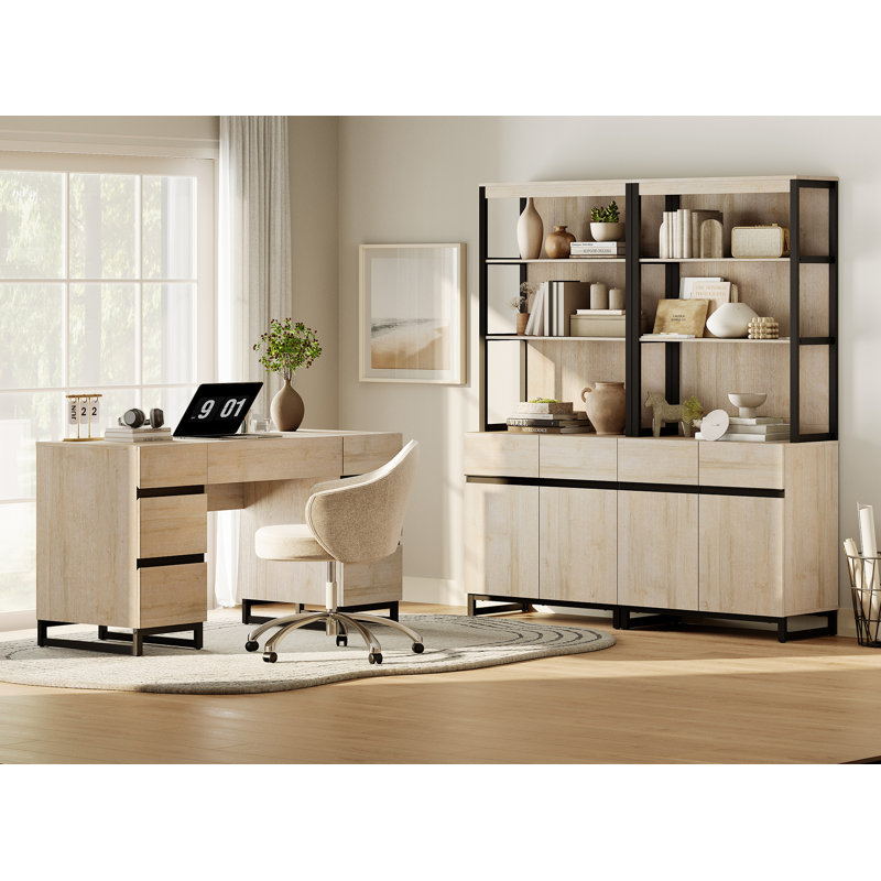 Aadam Home Office Furniture Set: 59In Modern Executive Desk With Charging Station & Drawers And 2 PCS 72In Tall Bookcases With Storage Cabinet, Home Office Furniture For Living Room, Bedroom