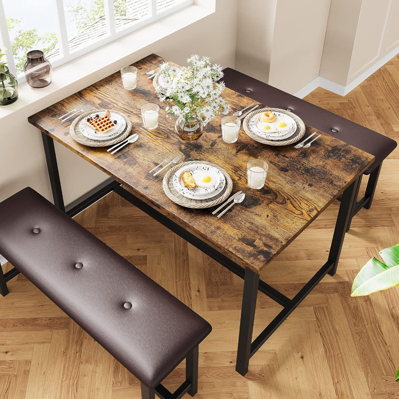 Dining Table Set for 4 with 2 Upholstered Benches, 3 Piece Kitchen Rectangular Dining Room Table Space-Saving for Small Space, Apartment, Restaurant
