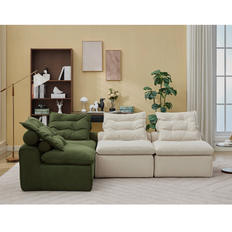 Canapé modulaire rembourré avec cou et coussin lombaire Fierro, Velours côtelé beige / vert