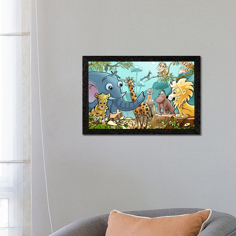 Jungle Cartoon Animals - Print on Canvas, 101.6 cm H x 66.04 cm W, Black Framed