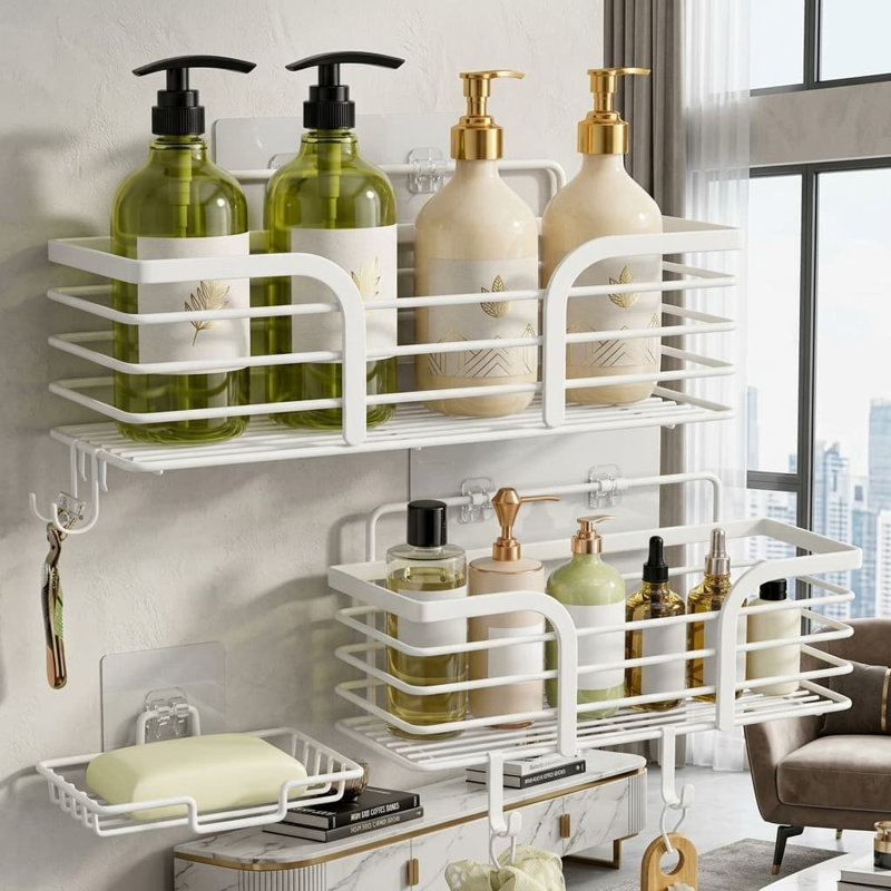 Étagère de douche murale blanche sans perçage, organisateur antirouille pour salle de bain et cuisine