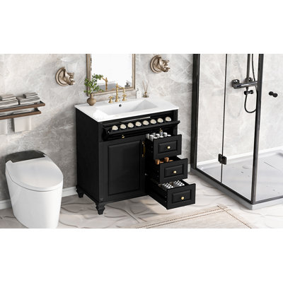Meuble-lavabo autoportant de 76 cm avec lavabo, tiroir rabattable, 3 tiroirs et armoire de rangement, noir
