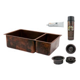 33" Hammered Copper Kitchen 75/25 Double Basin Sink with Matching Drains, and Accessories