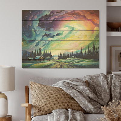 Northern Lights Scenery Minimalism I - Northern Lights Wood Art On Natural Pine Wood