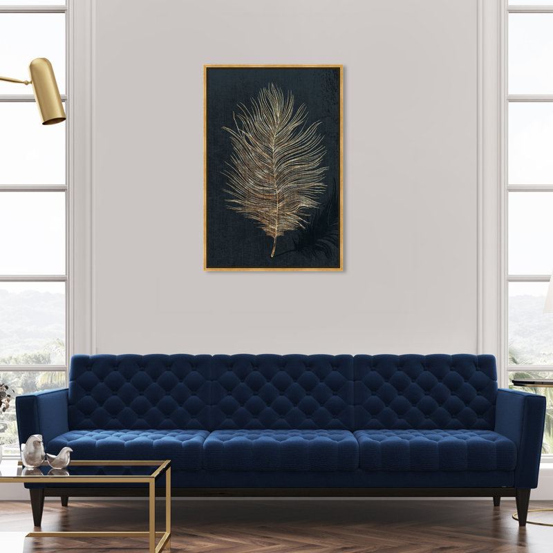 Plume dorée, plume métallique moderne noir - impression sur toile, Cadre flottant en plastique doré